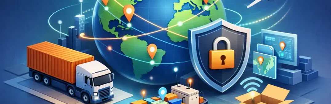 Global supply chain with connected devices and cargo tracking solutions.