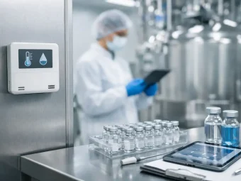 Wireless sensors monitor temperature and humidity in pharma manufacturing.